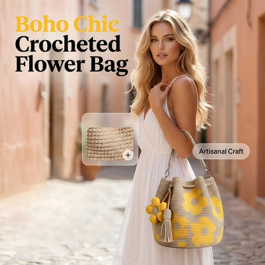 Handmade Crochet Floral Drawstring Shoulder Bag with Flower Tassel