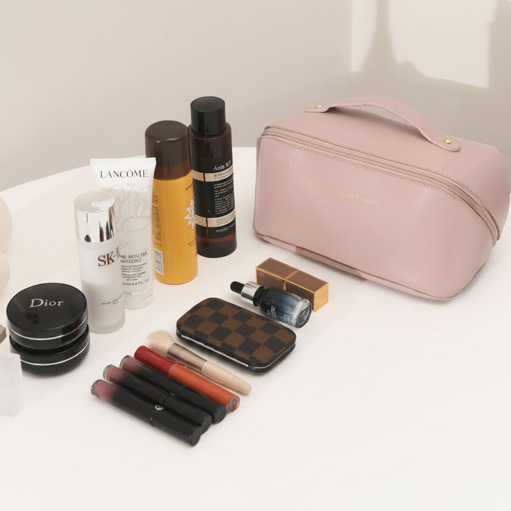 Leather Makeup Bag – Large Capacity Travel Cosmetic Organizer