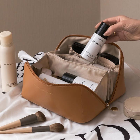 Leather Makeup Bag – Large Capacity Travel Cosmetic Organizer