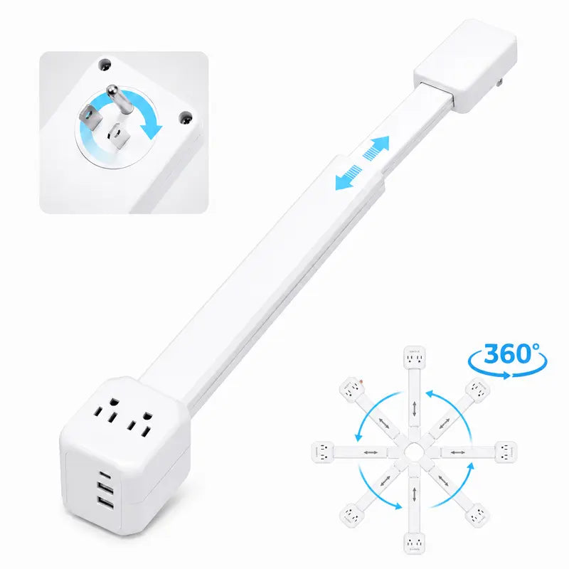 360° Rotating Outlet Extender Stick 🌀 2 AC + 2 USB‑A + 1 USB‑C, 17"‑26" Extension, Reaches Hidden Outlets Behind Sofa, Nightstands, Desks & Furniture
