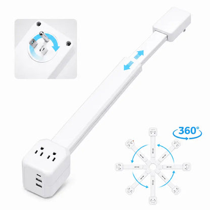 360° Rotating Outlet Extender Stick 🌀 2 AC + 2 USB‑A + 1 USB‑C, 17"‑26" Extension, Reaches Hidden Outlets Behind Sofa, Nightstands, Desks & Furniture
