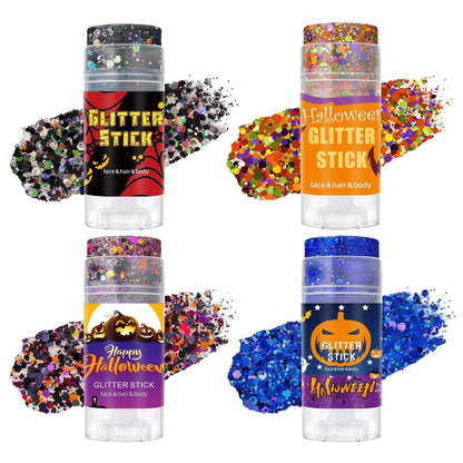 🎃4 Pack Halloween Body Glitter Sticks | Waterproof Chunky Sequins for Face, Hair & Body, Cosplay Carnival Party Makeup