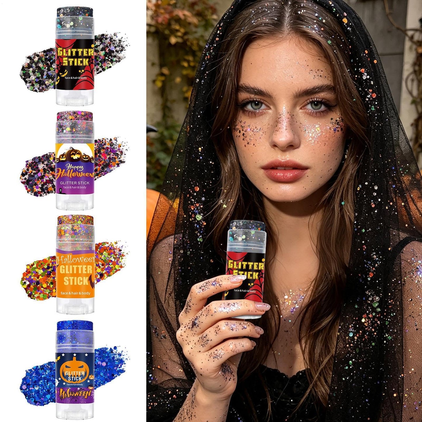 🎃4 Pack Halloween Body Glitter Sticks | Waterproof Chunky Sequins for Face, Hair & Body, Cosplay Carnival Party Makeup