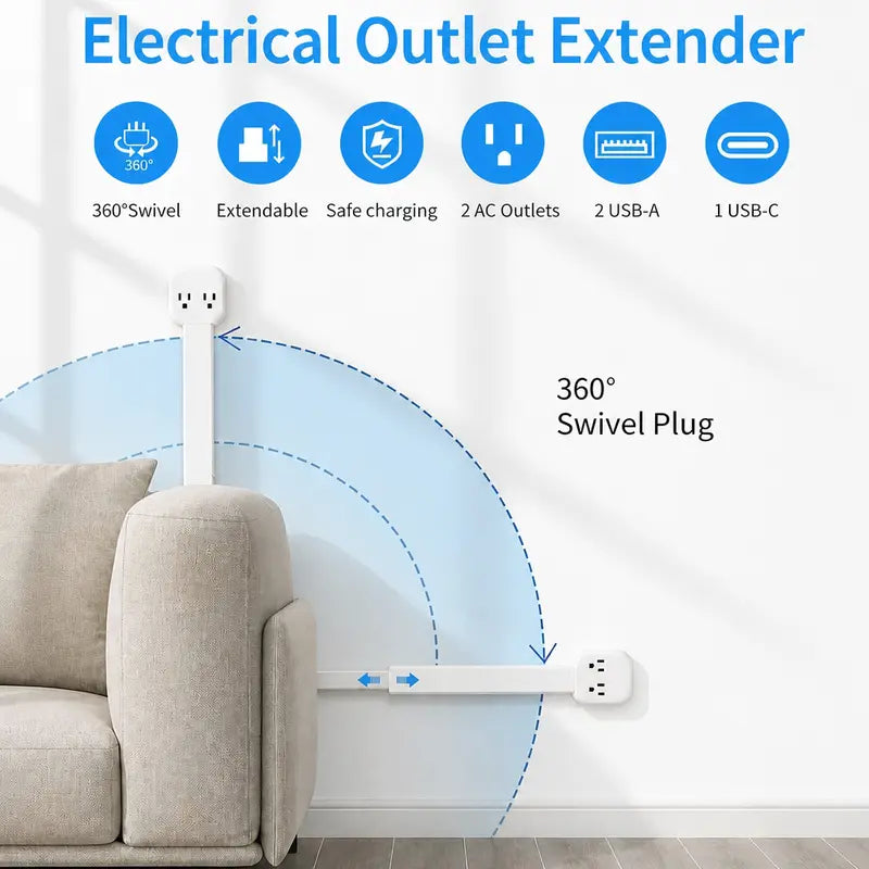 360° Rotating Outlet Extender Stick 🌀 2 AC + 2 USB‑A + 1 USB‑C, 17"‑26" Extension, Reaches Hidden Outlets Behind Sofa, Nightstands, Desks & Furniture