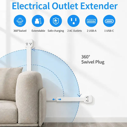 360° Rotating Outlet Extender Stick 🌀 2 AC + 2 USB‑A + 1 USB‑C, 17"‑26" Extension, Reaches Hidden Outlets Behind Sofa, Nightstands, Desks & Furniture