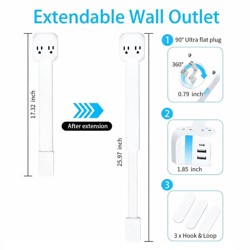 360° Rotating Outlet Extender Stick 🌀 2 AC + 2 USB‑A + 1 USB‑C, 17"‑26" Extension, Reaches Hidden Outlets Behind Sofa, Nightstands, Desks & Furniture