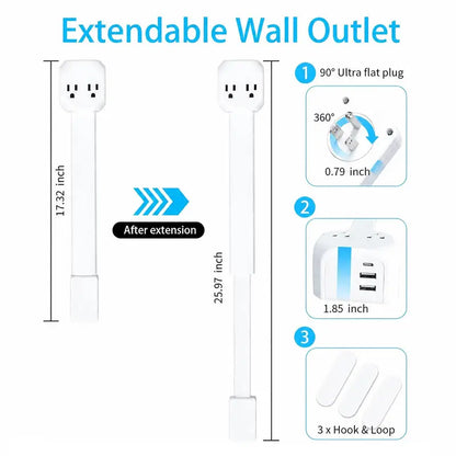 360° Rotating Outlet Extender Stick 🌀 2 AC + 2 USB‑A + 1 USB‑C, 17"‑26" Extension, Reaches Hidden Outlets Behind Sofa, Nightstands, Desks & Furniture