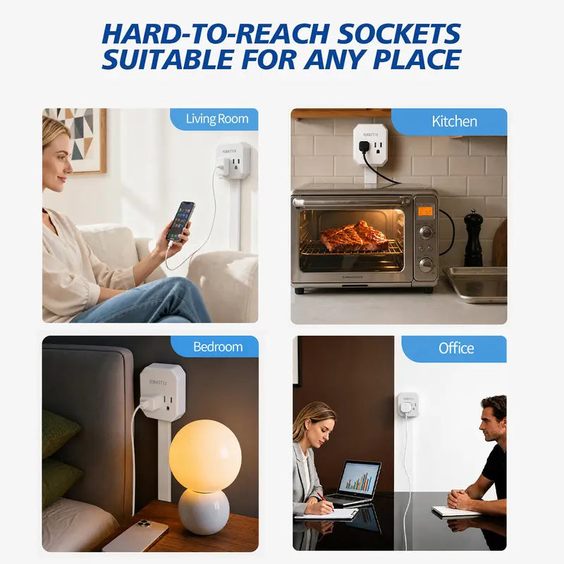 360° Rotating Outlet Extender Stick 🌀 2 AC + 2 USB‑A + 1 USB‑C, 17"‑26" Extension, Reaches Hidden Outlets Behind Sofa, Nightstands, Desks & Furniture